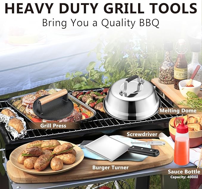 Griddle Accessories Smash Burger Kit (5Pcs), Firenal Grill Spatula with 9in Melting Dome & Bacon Press Set, 18/10 Stainless Steel Turner, Basting Cover, Cast Iron Hamburger Patty Press for Outdoor BBQ