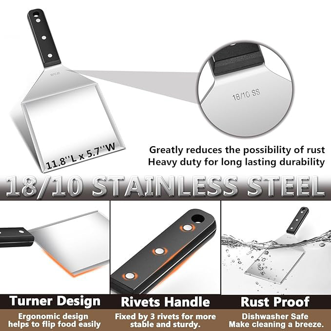 Griddle Accessories Smash Burger Kit (5Pcs), Firenal Grill Spatula with 9in Melting Dome & Bacon Press Set, 18/10 Stainless Steel Turner, Basting Cover, Cast Iron Hamburger Patty Press for Outdoor BBQ