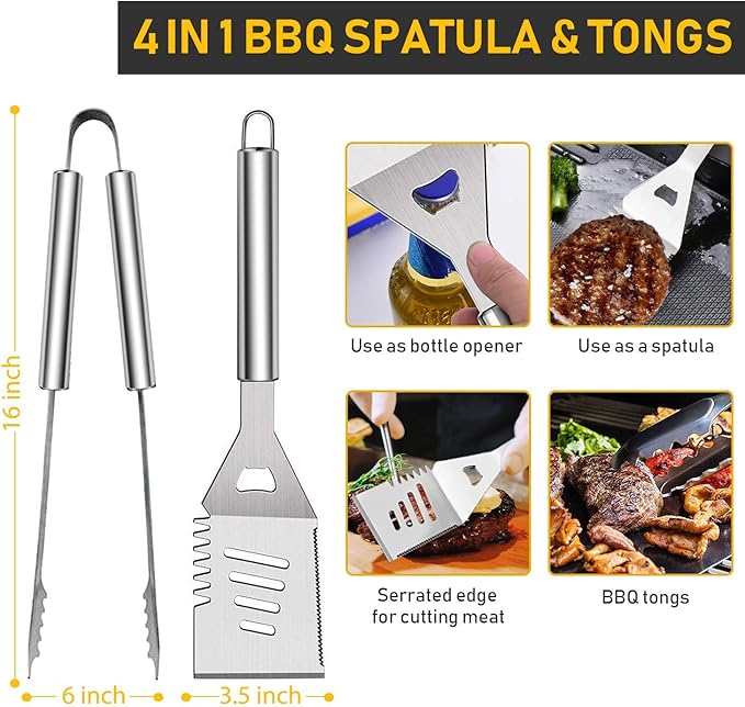 34Pcs Grill Accessories Grilling Gifts for Men, 16 Inches Heavy Duty BBQ Accessories, Stainless Steel Grill Tools with Thermometer, Grill Mats for Backyard, BBQ Set for Men Women