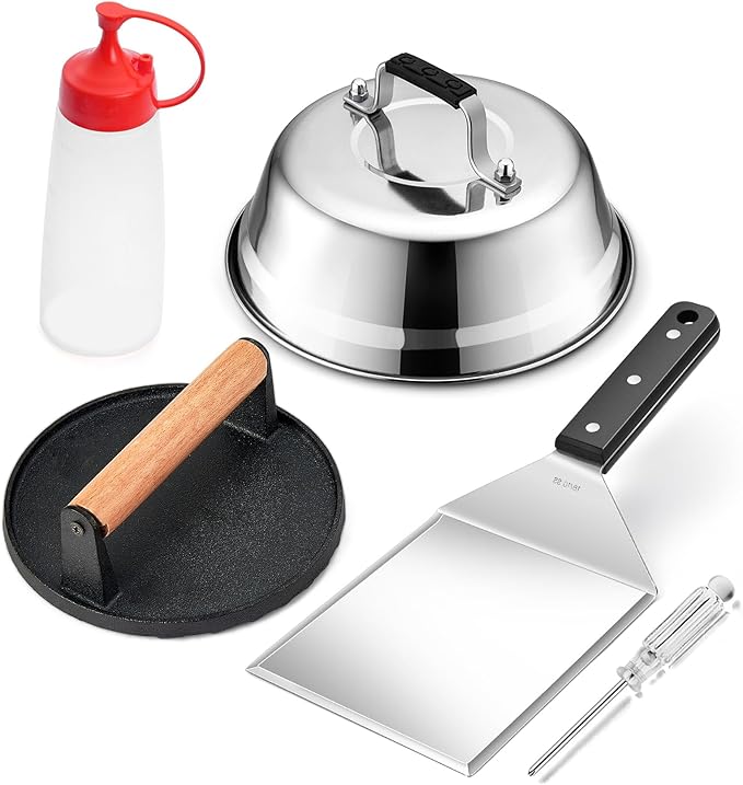 Griddle Accessories Smash Burger Kit (5Pcs), Firenal Grill Spatula with 9in Melting Dome & Bacon Press Set, 18/10 Stainless Steel Turner, Basting Cover, Cast Iron Hamburger Patty Press for Outdoor BBQ