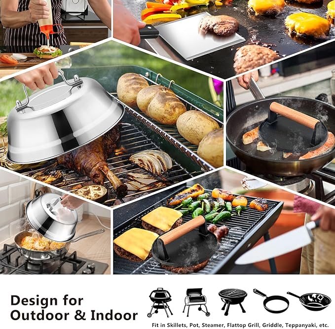 Griddle Accessories Smash Burger Kit (5Pcs), Firenal Grill Spatula with 9in Melting Dome & Bacon Press Set, 18/10 Stainless Steel Turner, Basting Cover, Cast Iron Hamburger Patty Press for Outdoor BBQ