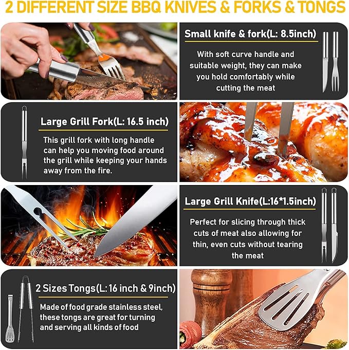 34Pcs Grill Accessories Grilling Gifts for Men, 16 Inches Heavy Duty BBQ Accessories, Stainless Steel Grill Tools with Thermometer, Grill Mats for Backyard, BBQ Set for Men Women