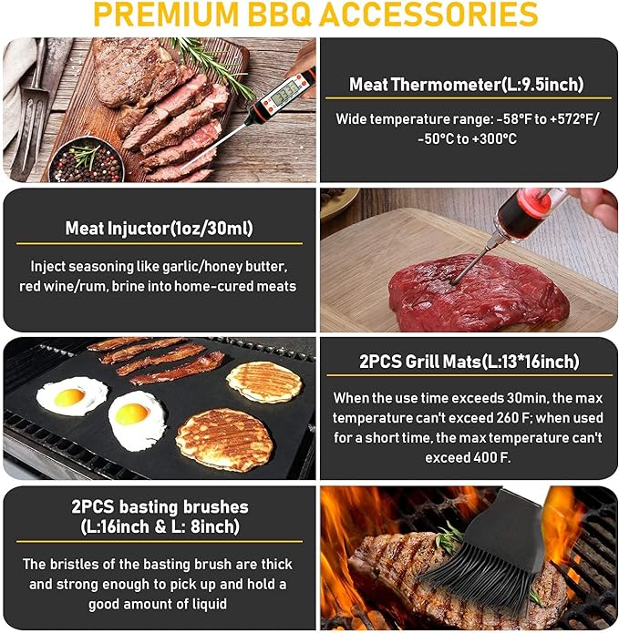 34Pcs Grill Accessories Grilling Gifts for Men, 16 Inches Heavy Duty BBQ Accessories, Stainless Steel Grill Tools with Thermometer, Grill Mats for Backyard, BBQ Set for Men Women