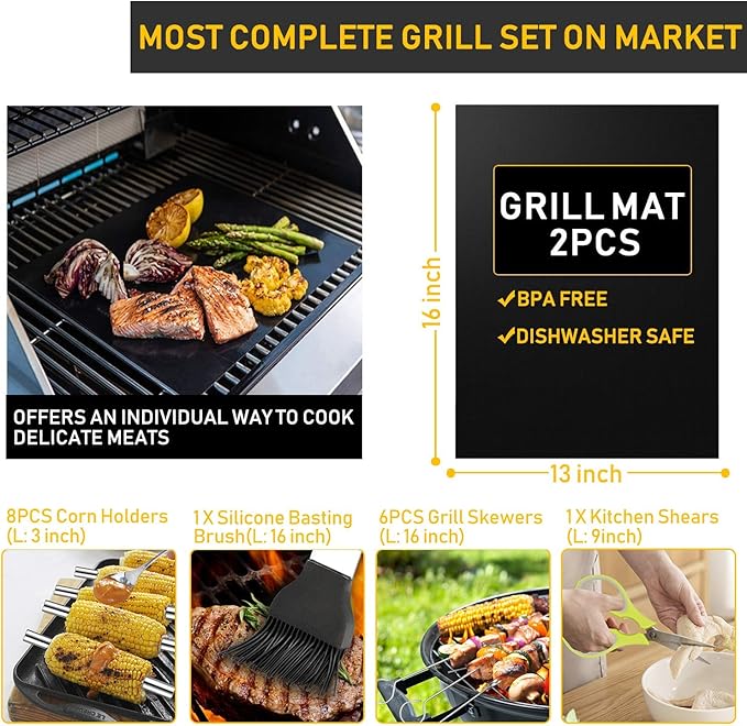 34Pcs Grill Accessories Grilling Gifts for Men, 16 Inches Heavy Duty BBQ Accessories, Stainless Steel Grill Tools with Thermometer, Grill Mats for Backyard, BBQ Set for Men Women