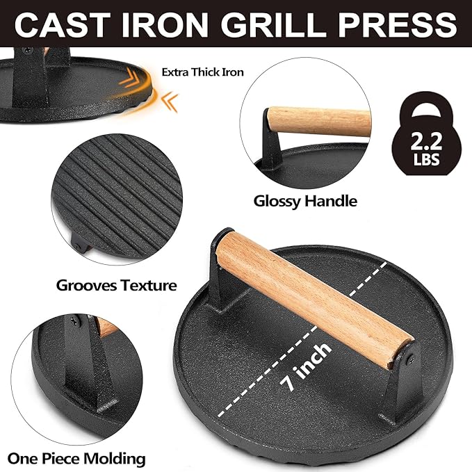 Griddle Accessories Smash Burger Kit (5Pcs), Firenal Grill Spatula with 9in Melting Dome & Bacon Press Set, 18/10 Stainless Steel Turner, Basting Cover, Cast Iron Hamburger Patty Press for Outdoor BBQ